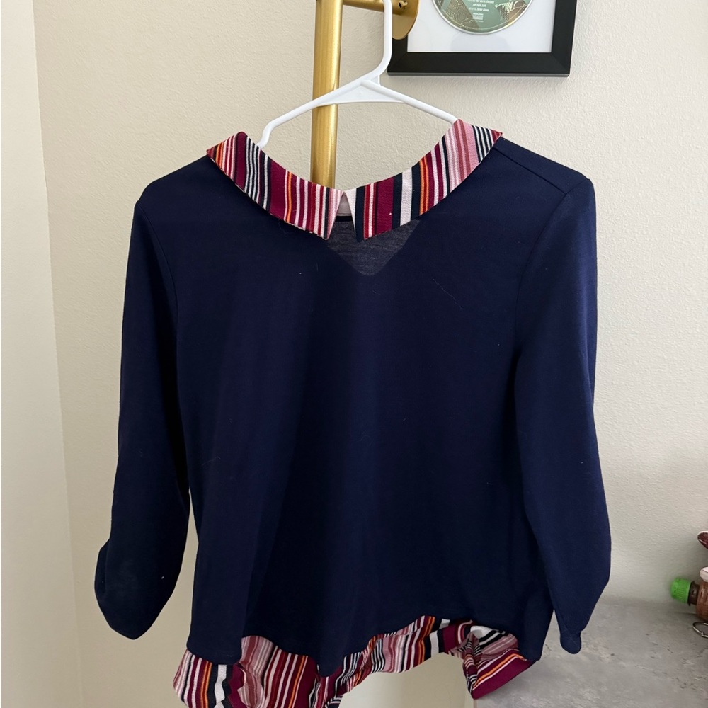 Monteau Navy Blouse with Striped Collar